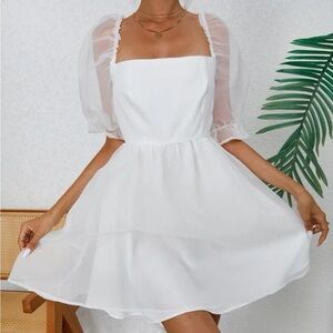 SHEIN Privé Square Neck Flounce Sleeve Mesh Overlay Dress